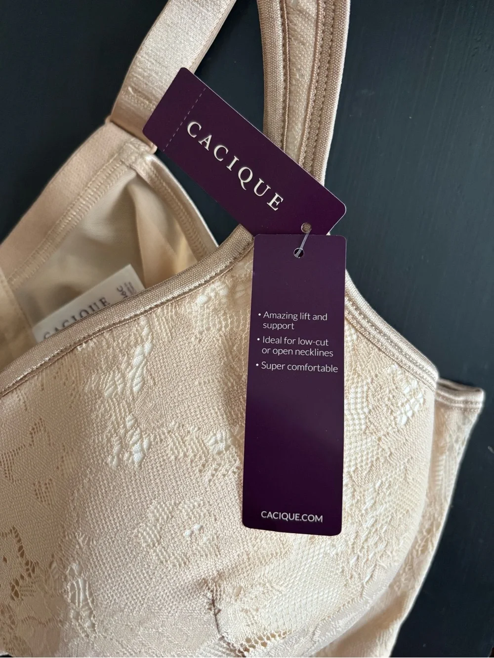 Cacique Bold Lace Balconette Bra 46C Sexy Support Beige Full Figure Underwire